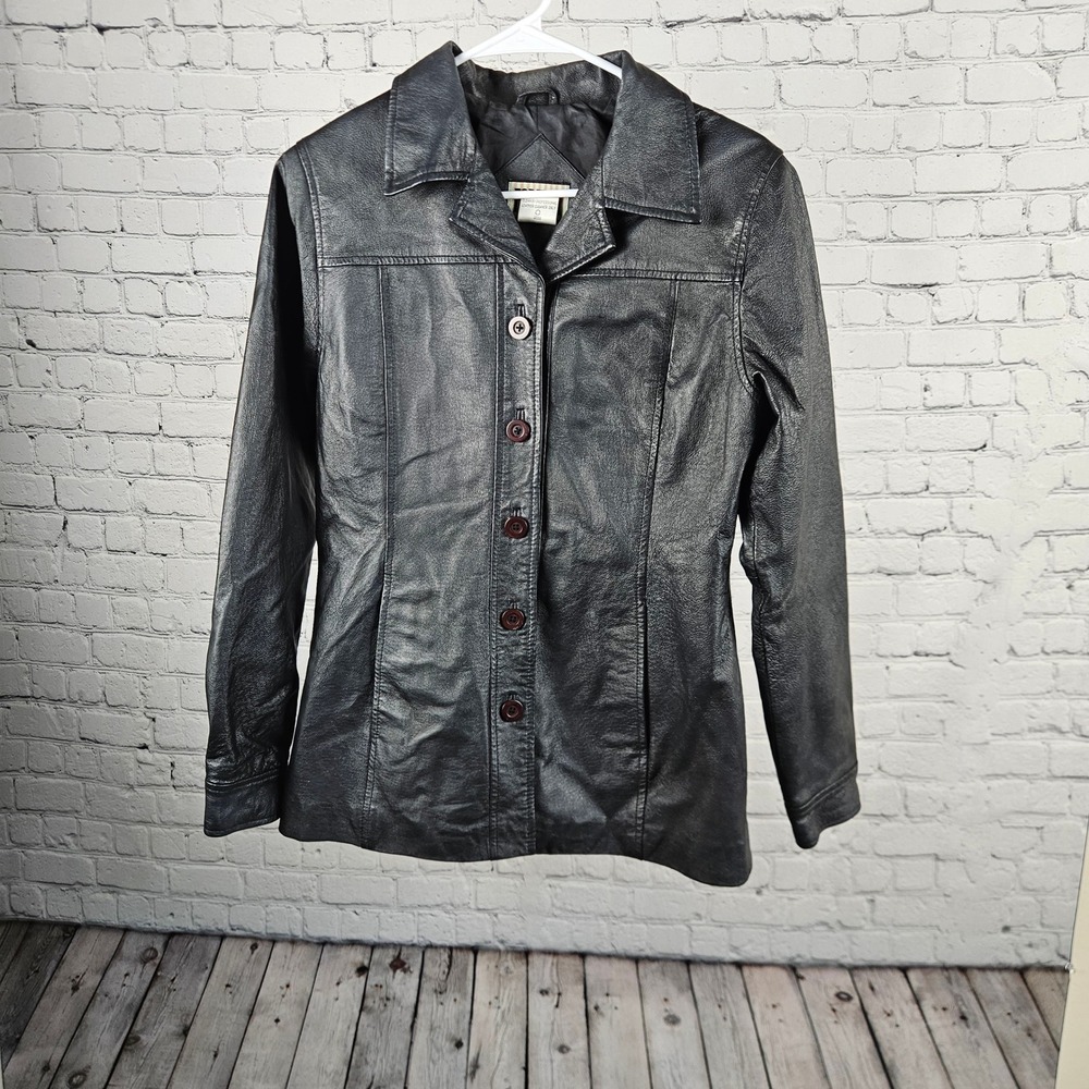 Forenza Vintage Black Leather Jacket Button Front Blazer Coat Small 29-9571-0